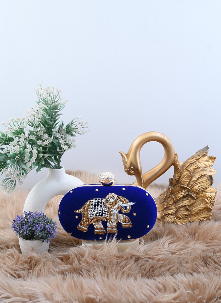 Royal Blue Velvet Elephant Zardozi Clutch