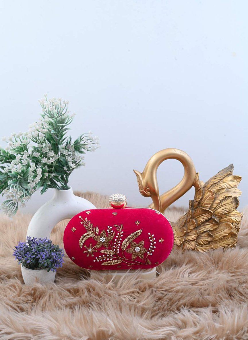 Blossom Pink Velvet Flower Branch Zardozi Clutch