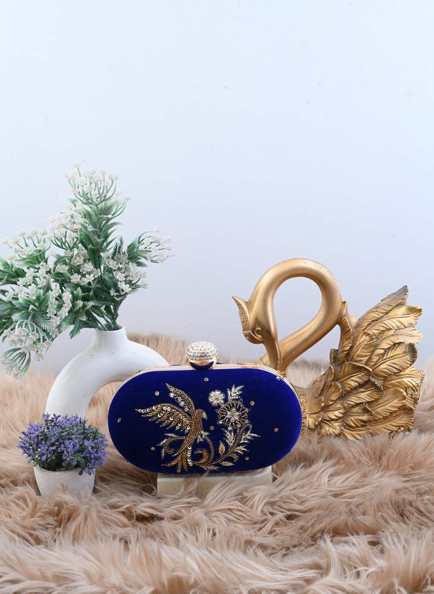The Empress Bird — Hand-Embroidered Zardozi Royal Blue Velvet Oval Clutch