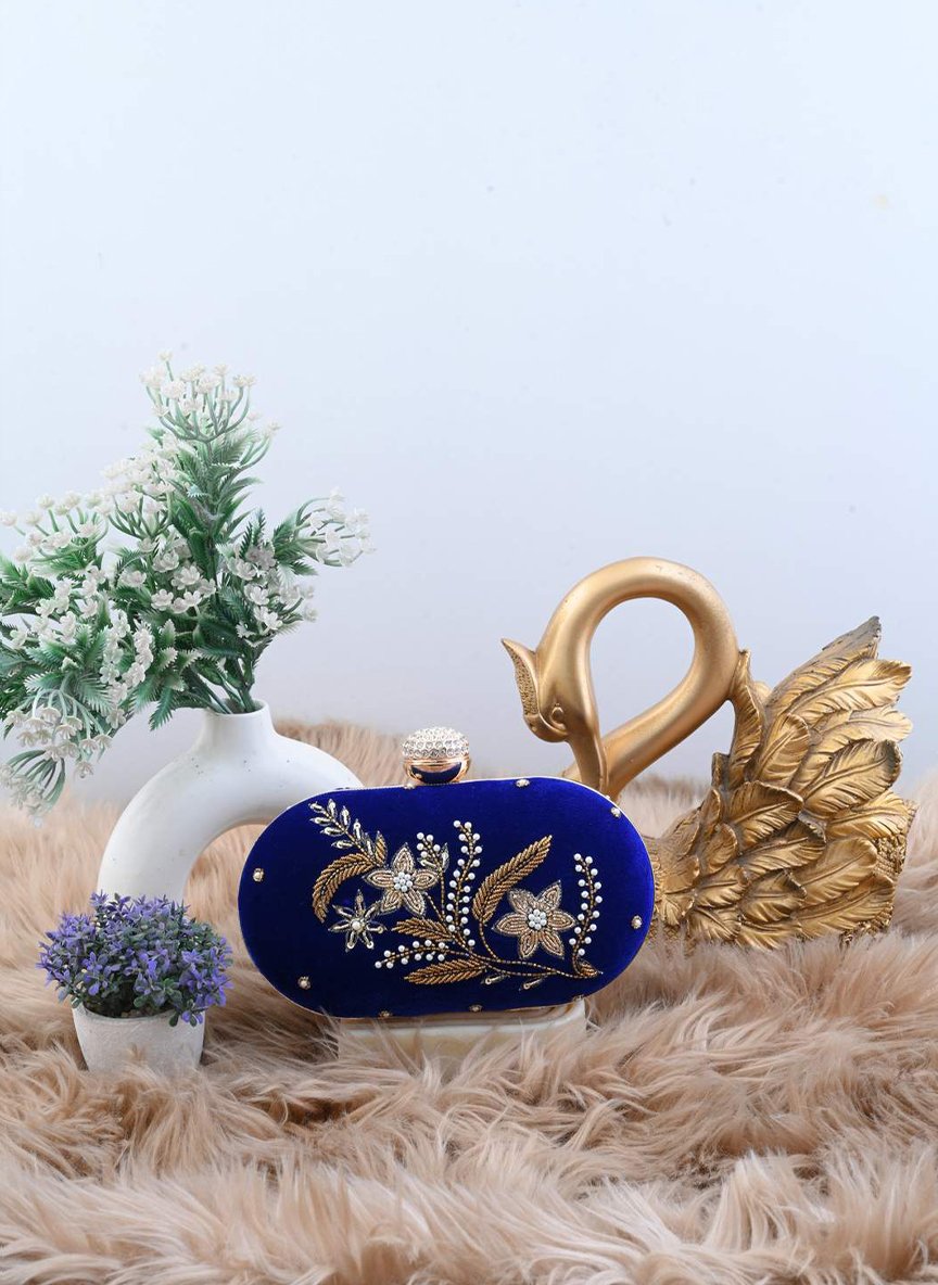 Blossom Royal Blue Velvet Flower Branch Zardozi Clutch